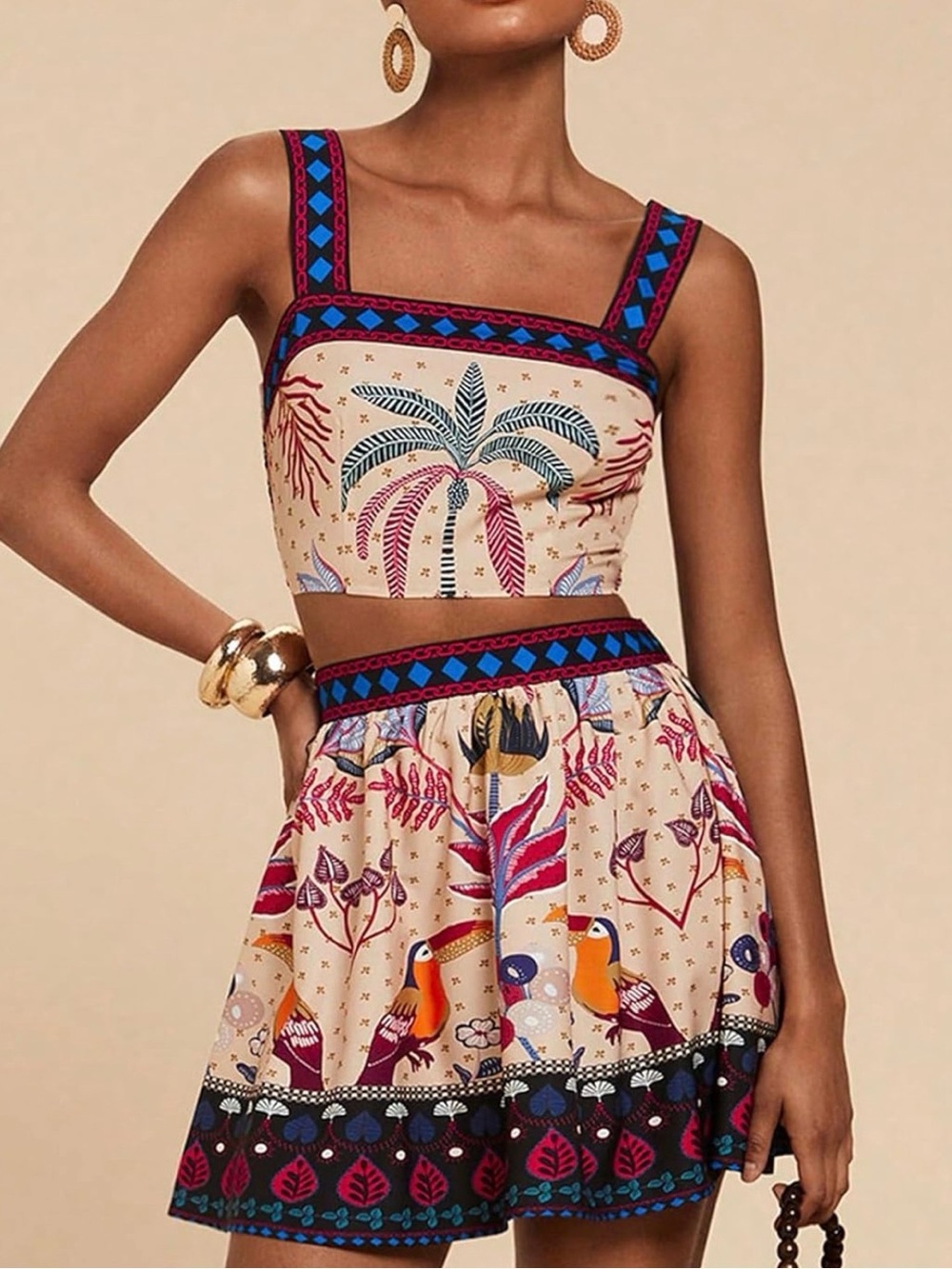Boho Palm Print Crop Dress SET in Beige COLORFUL PRINT NEW - Picture 3 of 5